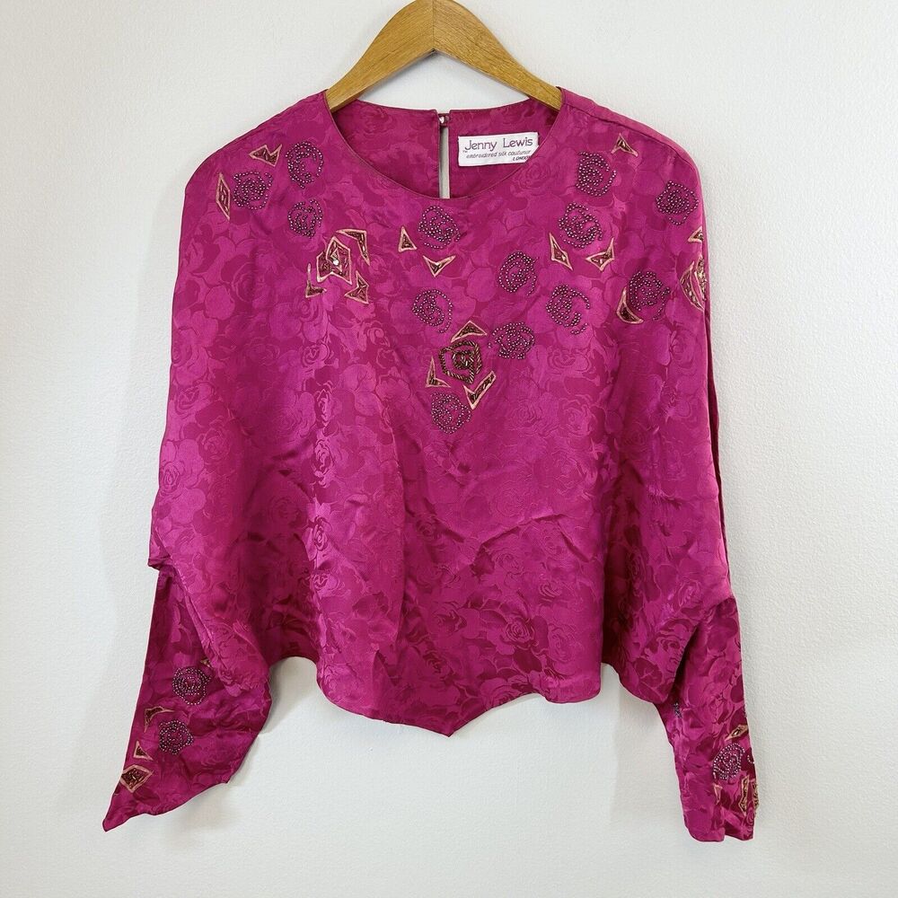 Vtg‎ Jenny Lewis Blouse Womens M Embroidered Silk Couturier London Pink Beaded